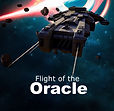A spaceship on a field of stars flying towards an explosion.