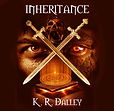 A face on a black background that is human on the left side and orc on the right side. Face is crossed by two swords with a screaming skull between the swords' hilts and a glowing magical tome between the swords points.