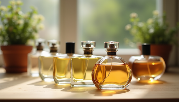 Close-up view of a collection of affordable perfume bottles arranged on a wooden surface