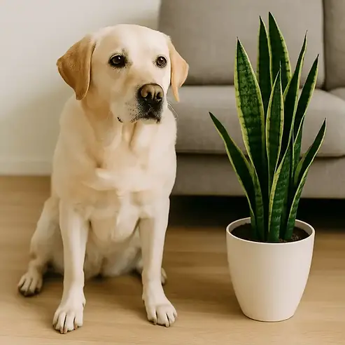 Senior concierge pet oversight service, golden Labrador sitting beside indoor plant in Las Vegas and Henderson home