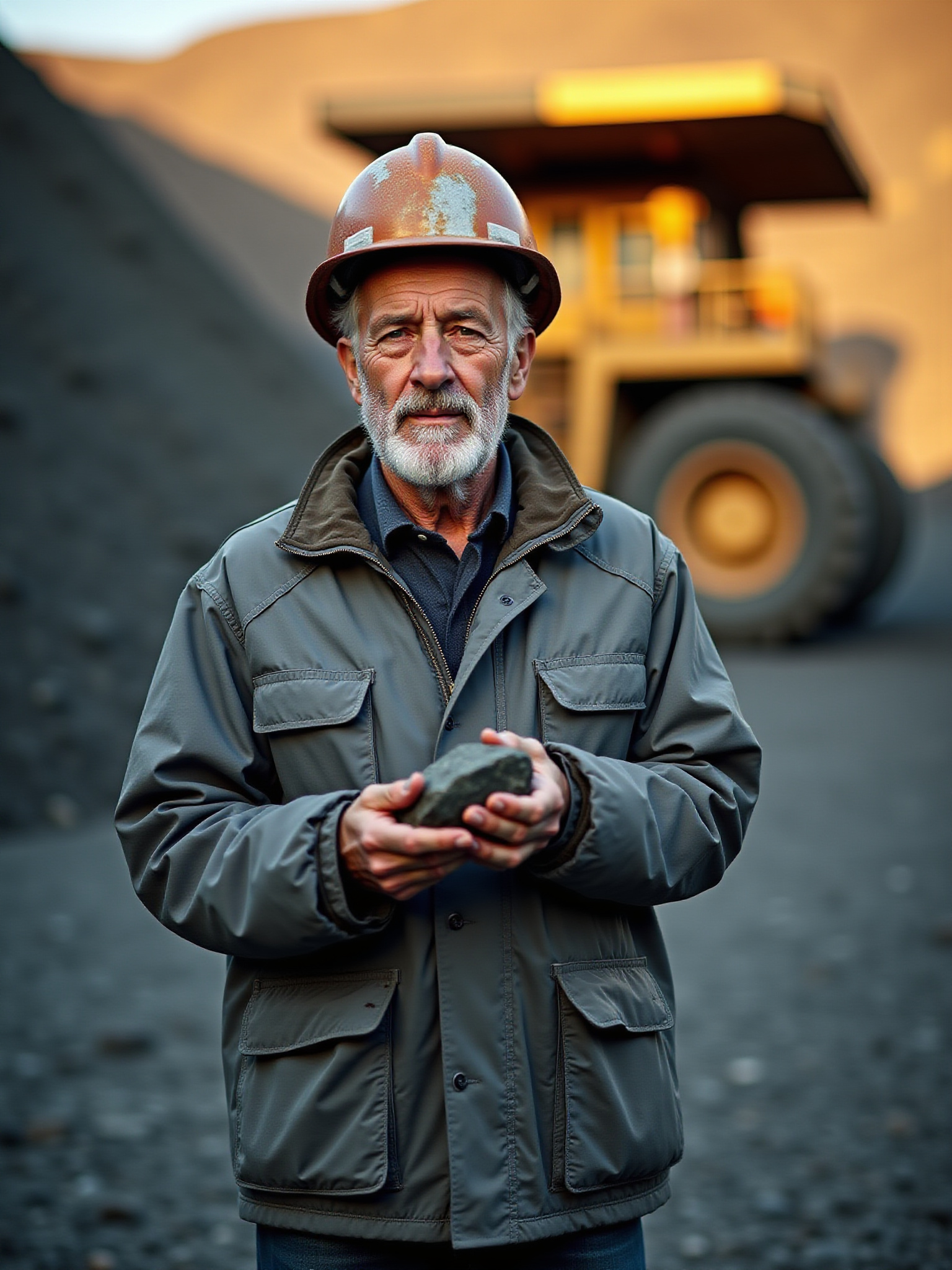 Experienced miner holding a rock sample, with large machinery in the background.