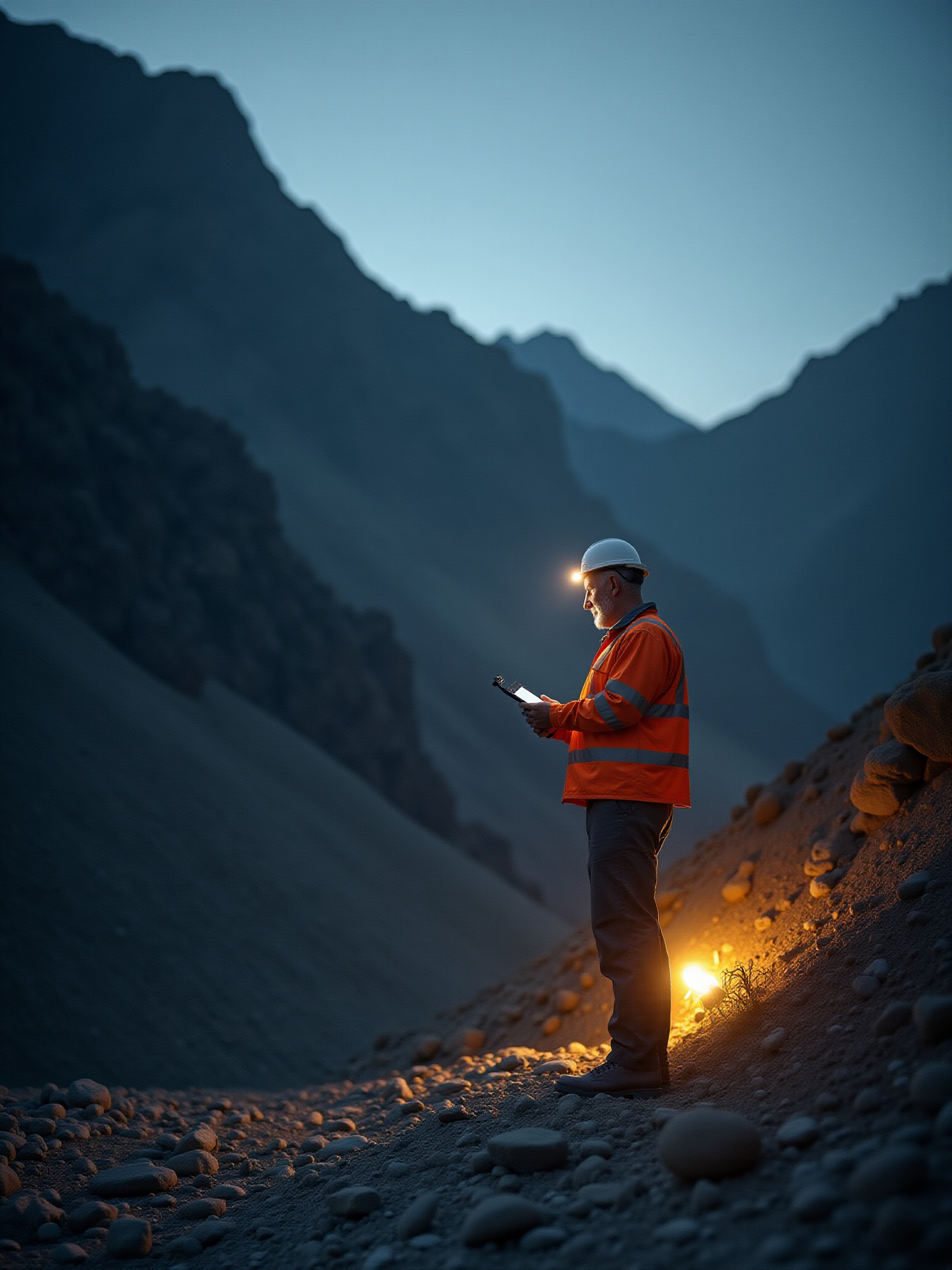 Geologist in orange vest examining tablet with mountains background at dusk.