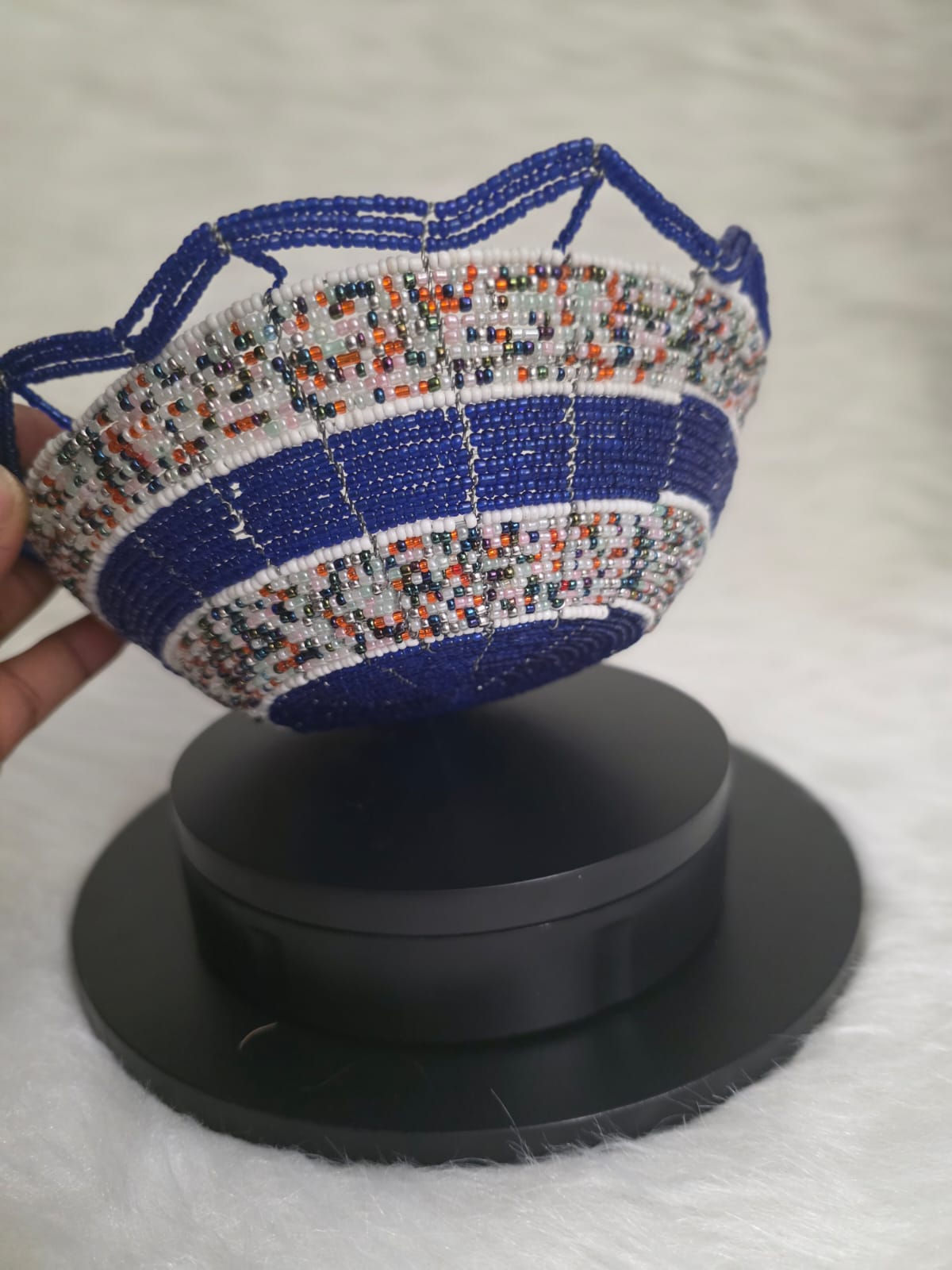 Vintage Handmade and Crafted Glass Beaded Centerpiece Pedestal Bowl / Basket - M