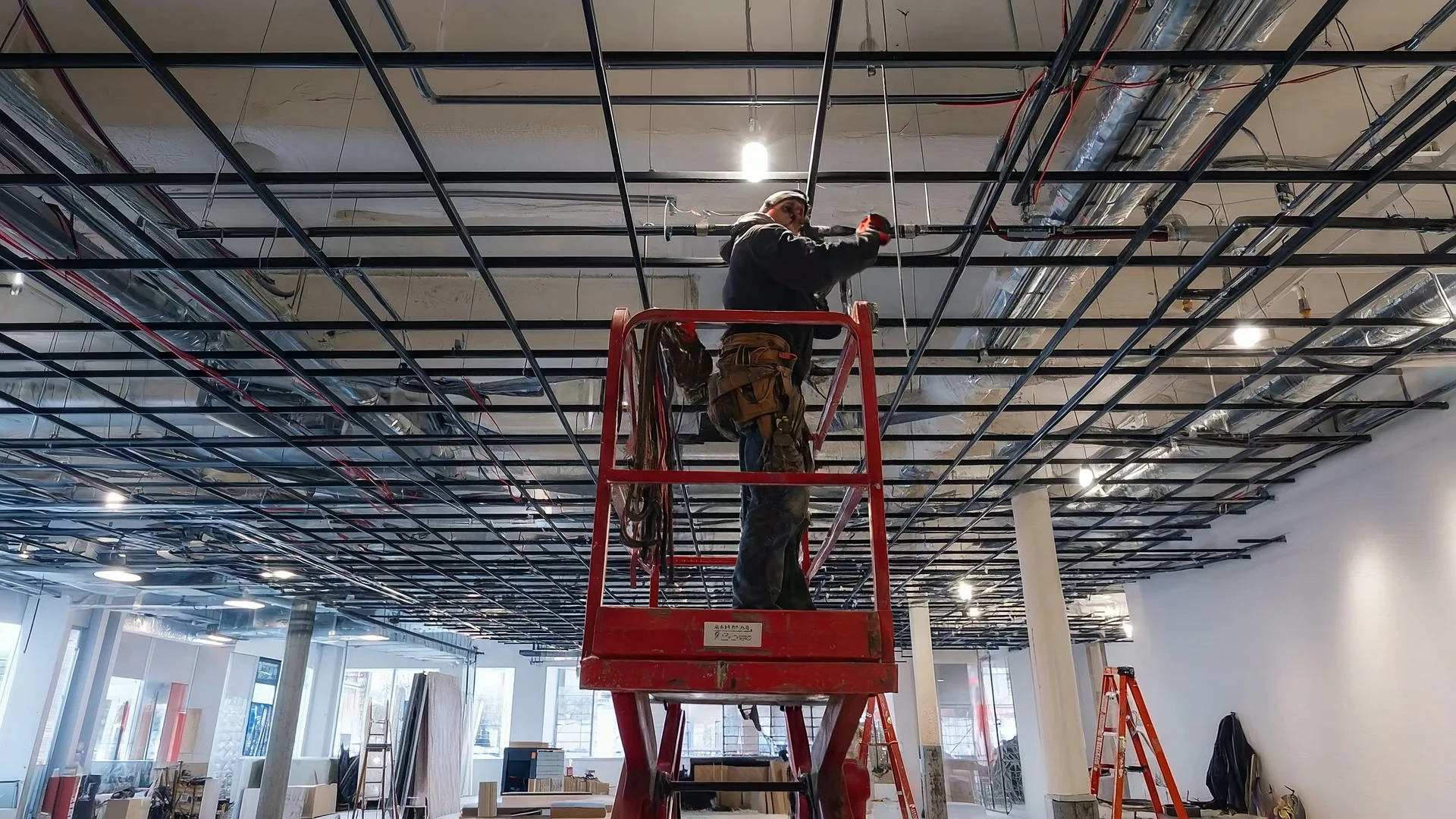 Construction professional working at height from a scissor lift