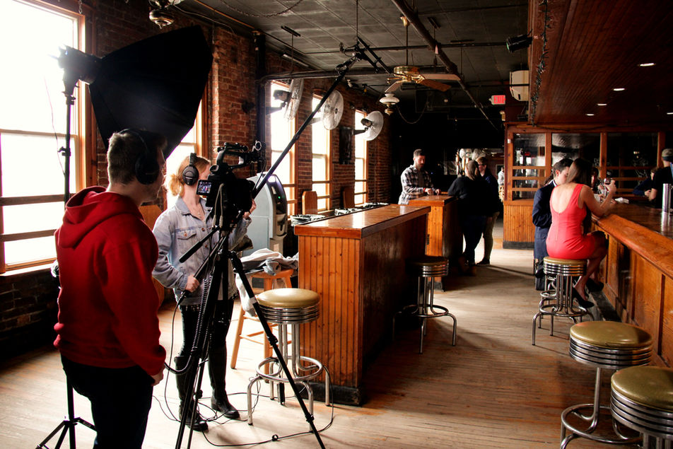SUNY Cortland media production students on set during Professor Sam Avery's filmmaking class in Cortland, New York