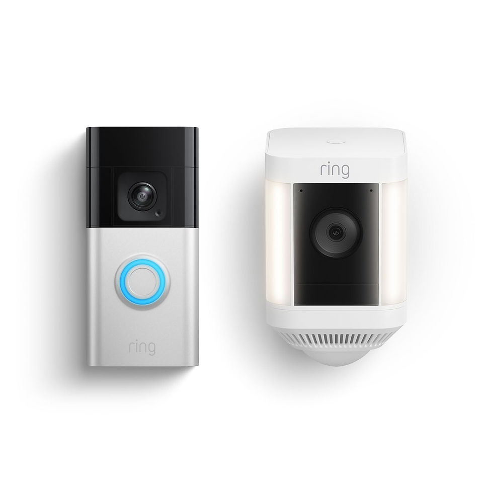 Ring video doorbell and spotlight camera. Ring logo and button visible.