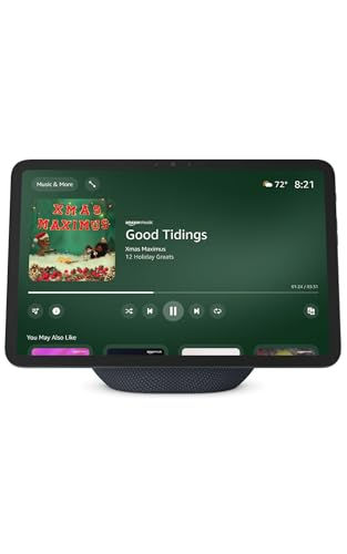 Tablet displaying "Good Tidings" song with weather information and Christmas theme.