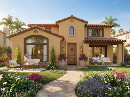 Eye-level view of a suburban California home with a well-maintained garden. 