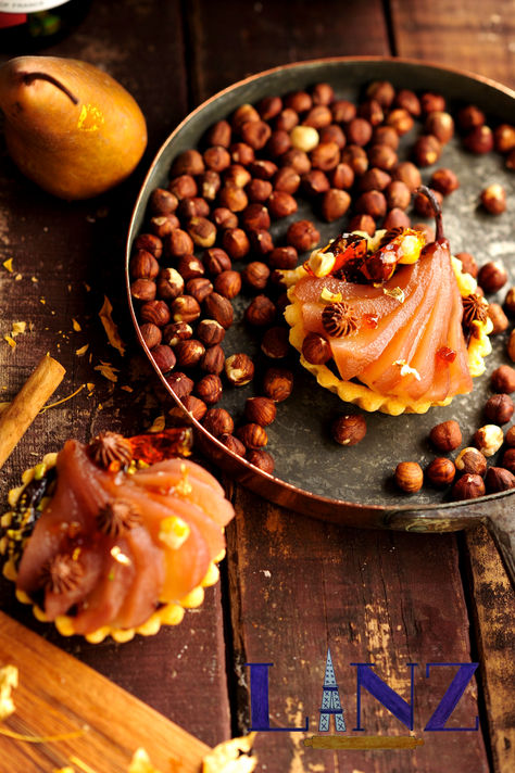 Poached Pear Praline Mousse Tarts