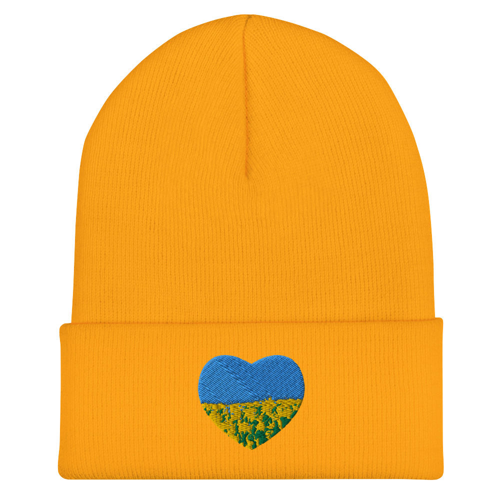 Smiling Sunflower Field Heart Embroidered Cuffed Beanie