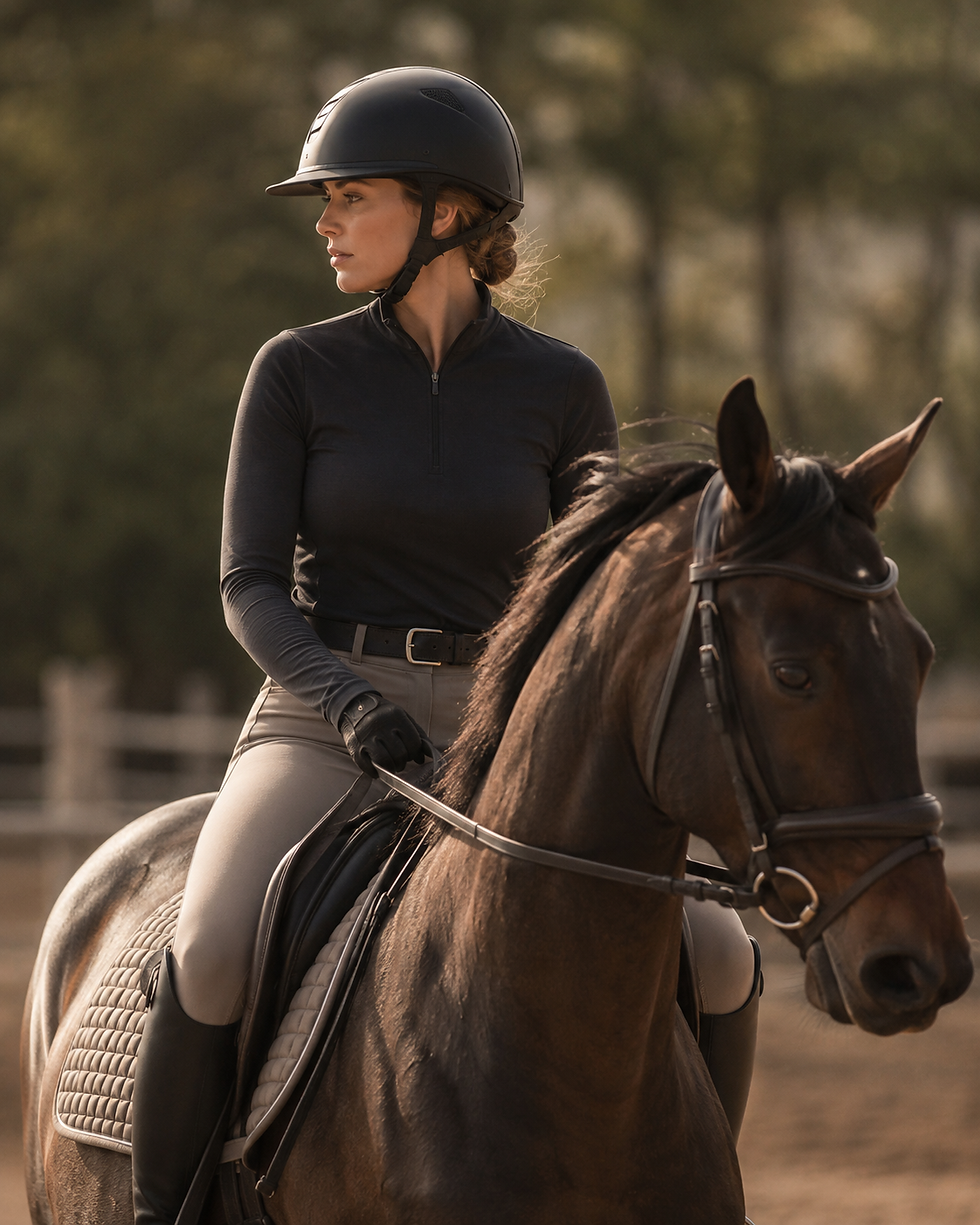 Equestrian rider on horseback wearing classic riding attire