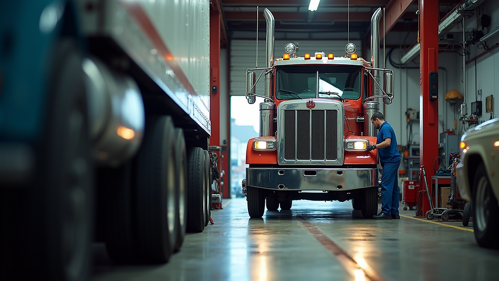 Eye-level view of a heavy-duty truck being serviced in a local repair shop