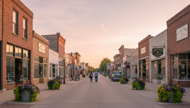 Wide-angle view of a quiet Southern Minnesota main street with small local storefronts.