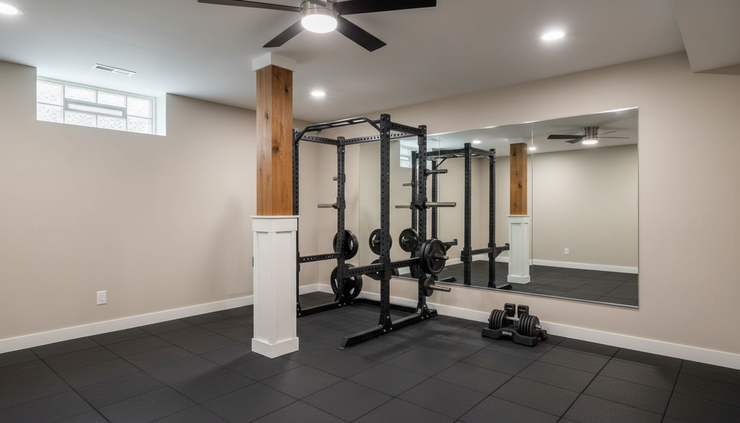 Low-angle view of a basement home gym with rubber flooring and open workout space.