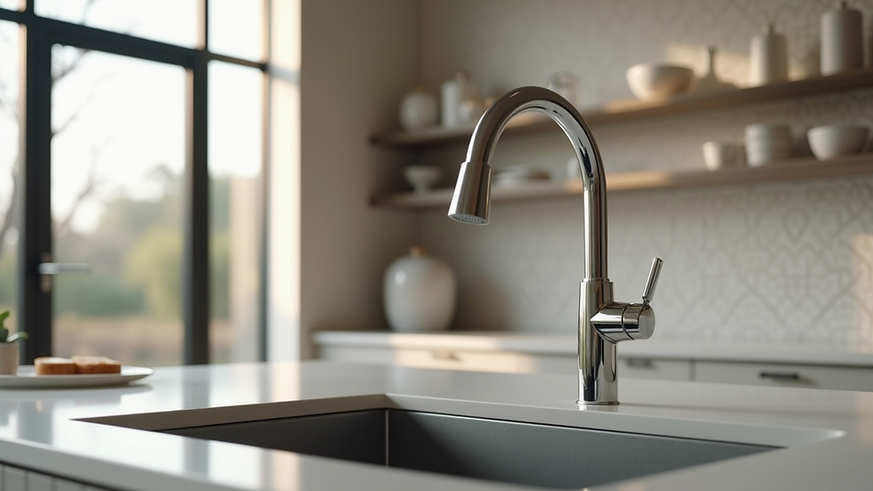 Close-up view of a kitchen countertop with a stylish faucet and backsplash