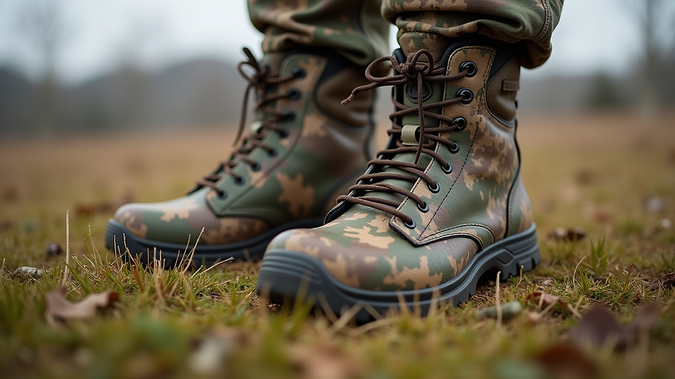 Close-up view of camo hunting boots on grassy terrain