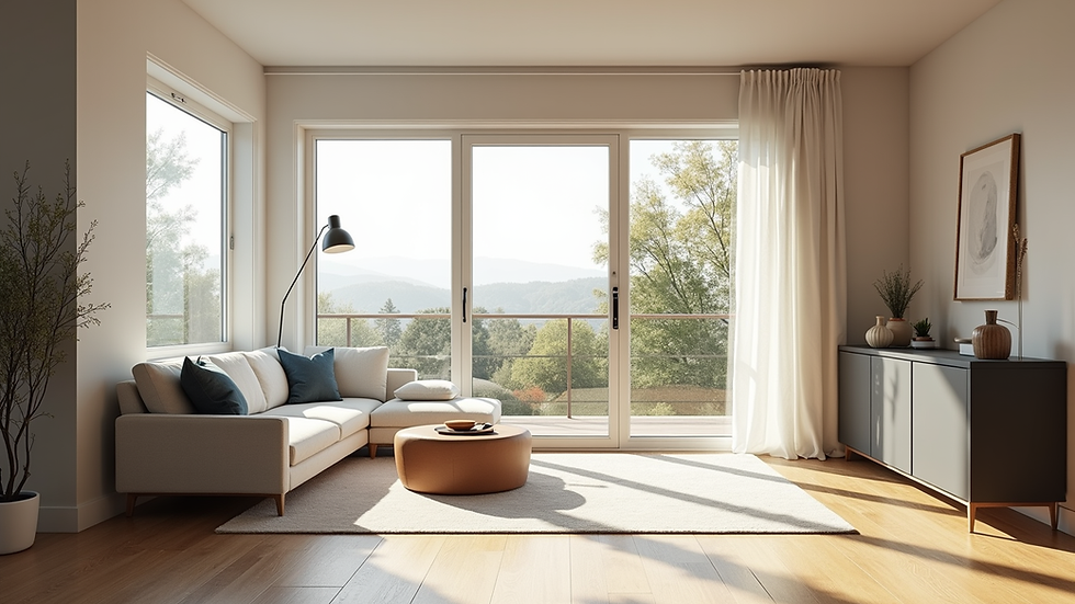 Wide angle view of a newly finished home addition with large windows and hardwood floors