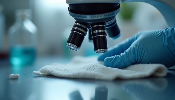 Close-up view of a microscope lens being carefully cleaned with a soft cloth