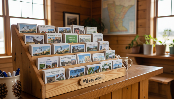 Eye-level view of printed cards in a wooden display near a small-town visitor counter.
