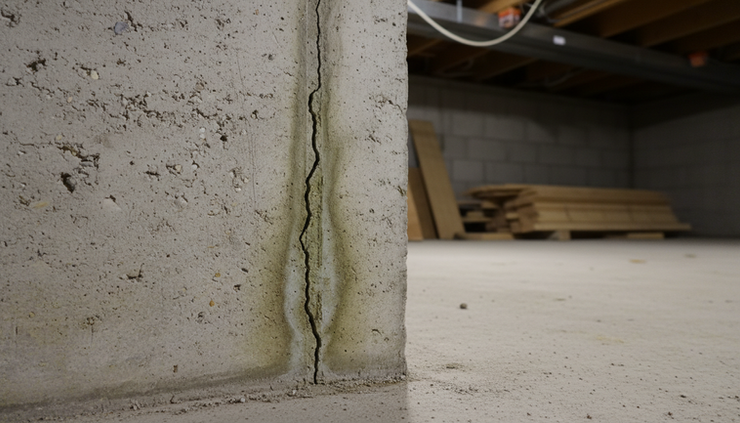 Close-up view of a narrow crack in a concrete basement wall