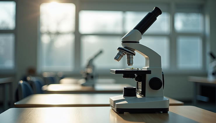 Close-up view of a high-quality educational microscope on a classroom table