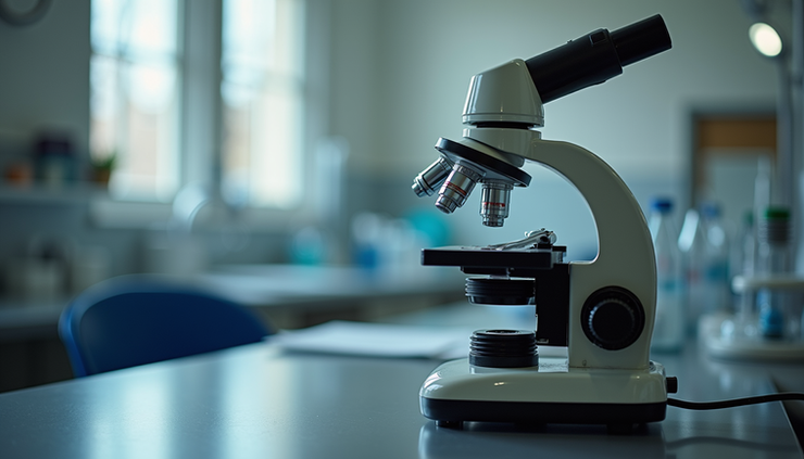 Eye-level view of a refurbished microscope on a lab bench with clear optics and sturdy base