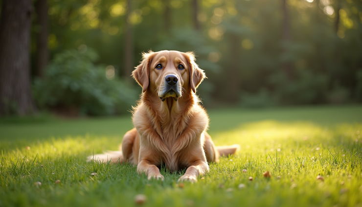 Eye-level view of a golden retriever sitting calmly in a sunny backyard in southern Minnesota