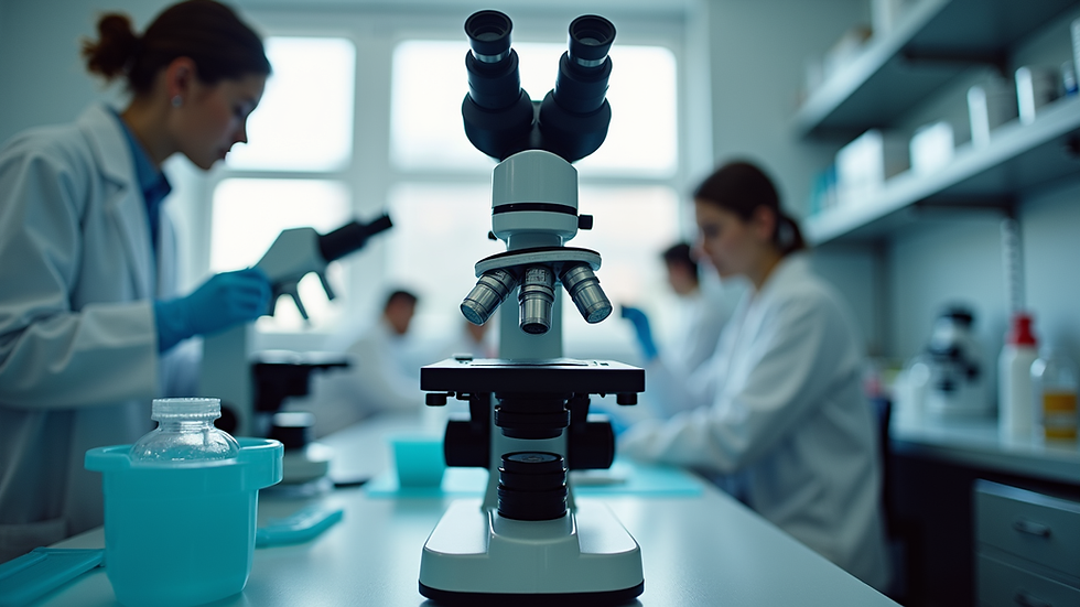 Eye-level view of a microscope on a lab bench