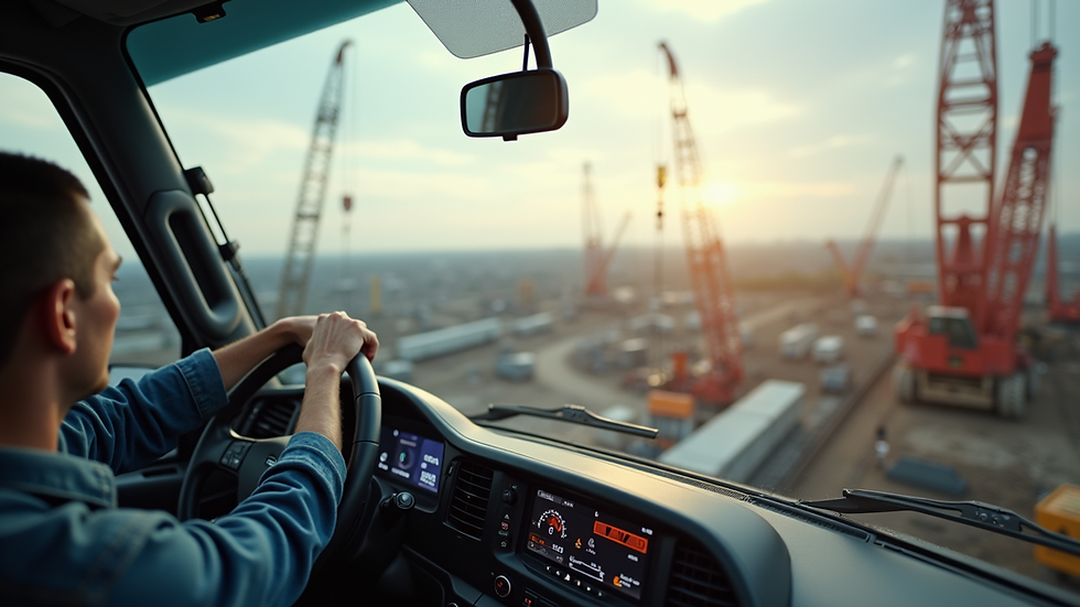 Eye-level view of a crane operator controlling a large crane on a construction site