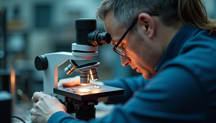 Close-up view of an industrial microscope lens being serviced