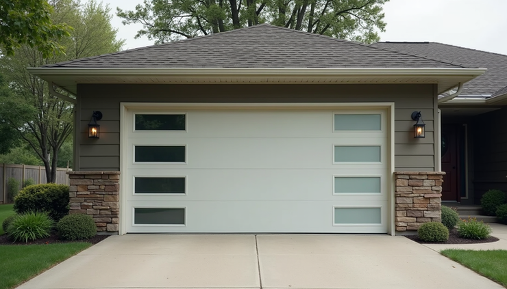 Eye-level view of a modern garage door installed on a suburban home in Rochester MN