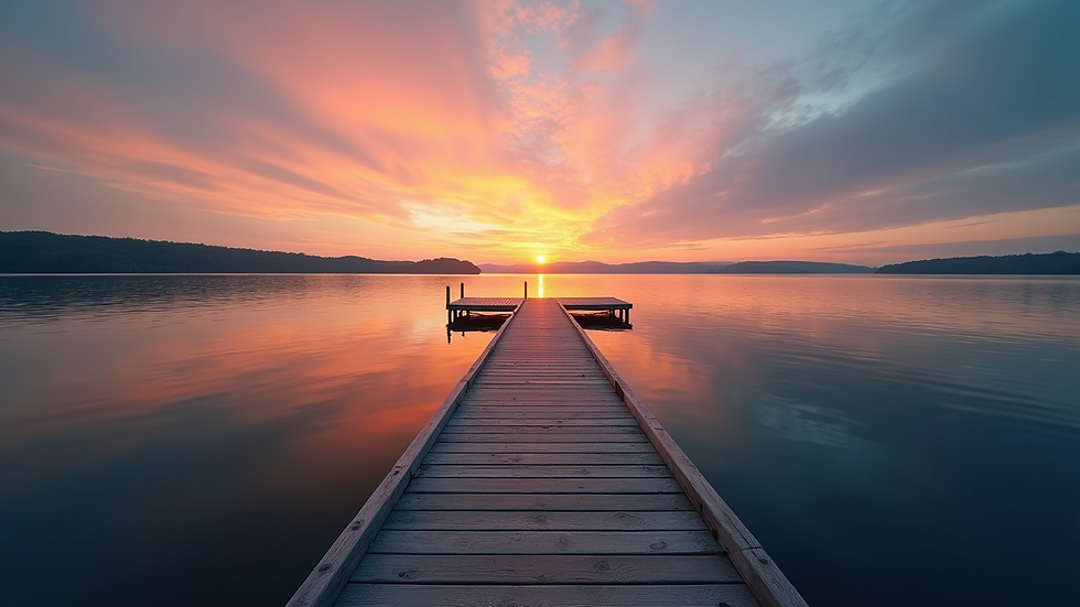 High angle view of a wooden dock extending into a calm lake at sunset