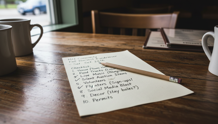 Close-up view of a handwritten event checklist and pencil on a wooden restaurant table.