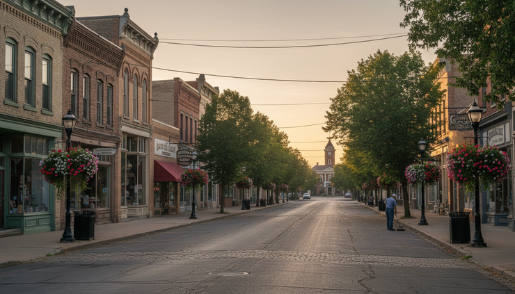 Wide-angle view of a historic storefront street in southern Minnesota.