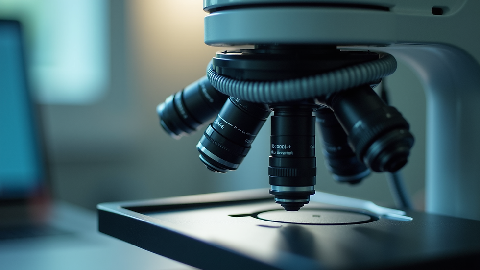 Close-up view of a microscope camera attached to the eyepiece