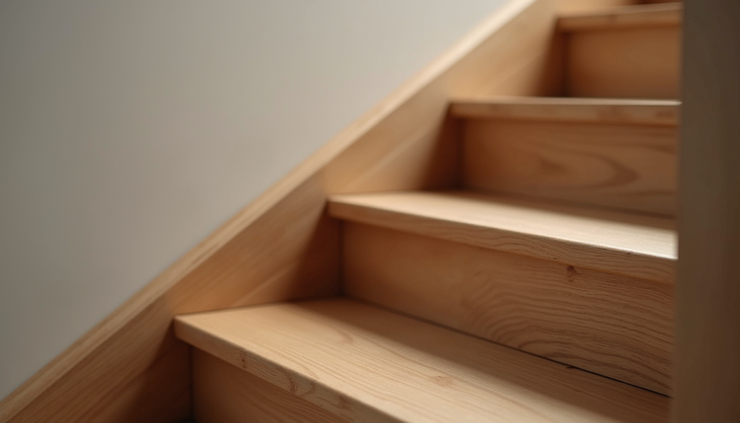 Eye-level view of a detailed wooden staircase in a newly built home