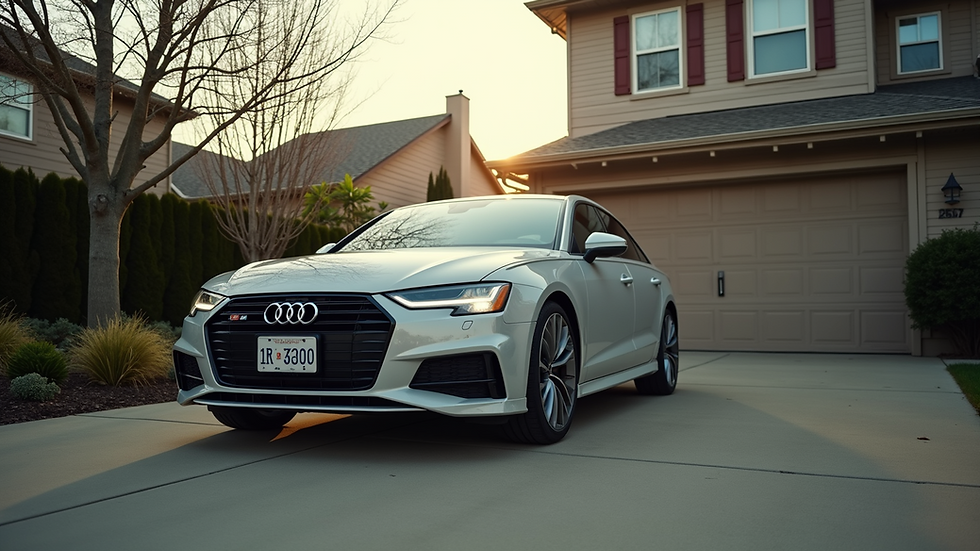 Eye-level view of a car parked in a driveway with a house in the background