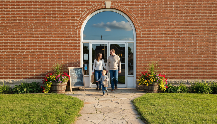 Eye-level view of a family-owned shop entrance with flower planters on the sidewalk.