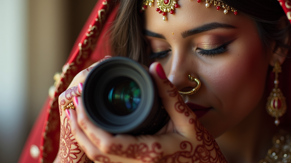 Close-up view of a camera lens focusing on a bride’s intricate henna design