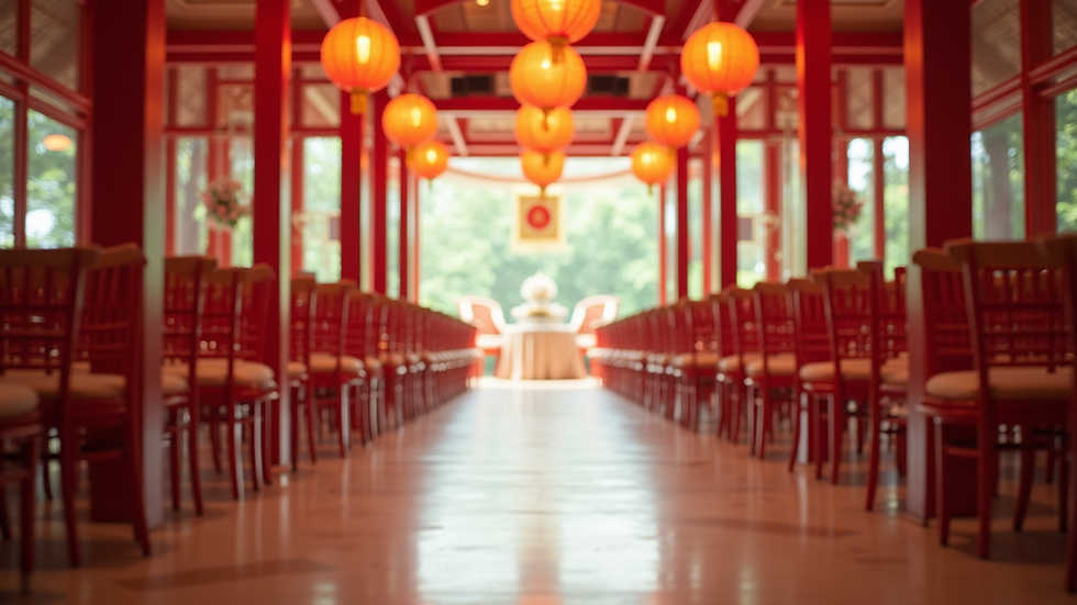 Eye-level view of a decorated wedding venue with traditional Asian motifs