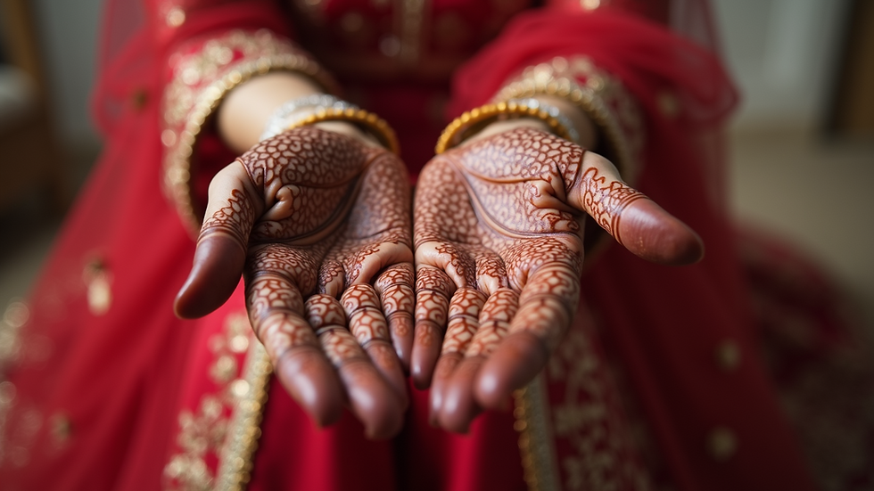Eye-level view of bride’s henna design on hand