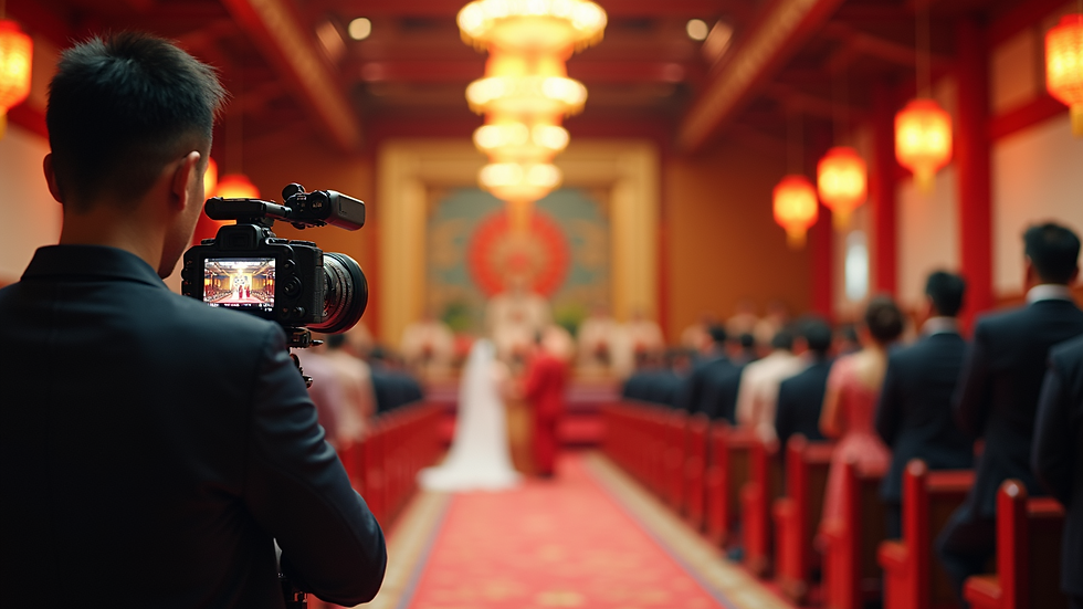 Eye-level view of a videographer filming a traditional Asian wedding ceremony in a decorated hall