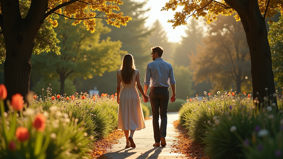 Wide angle view of couple walking hand in hand in a garden