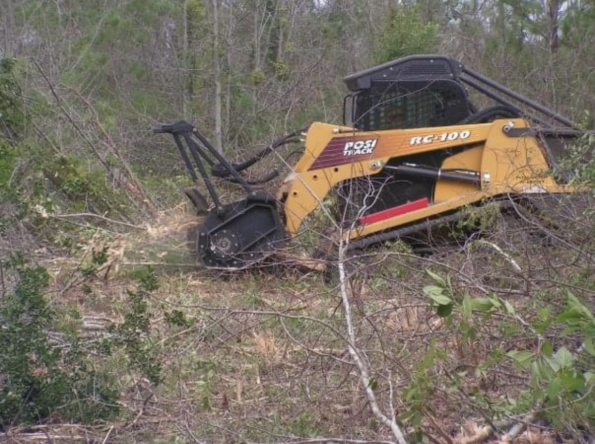 Eye level view of a skidsteer mulcher clearing brush for wildlife habitat.