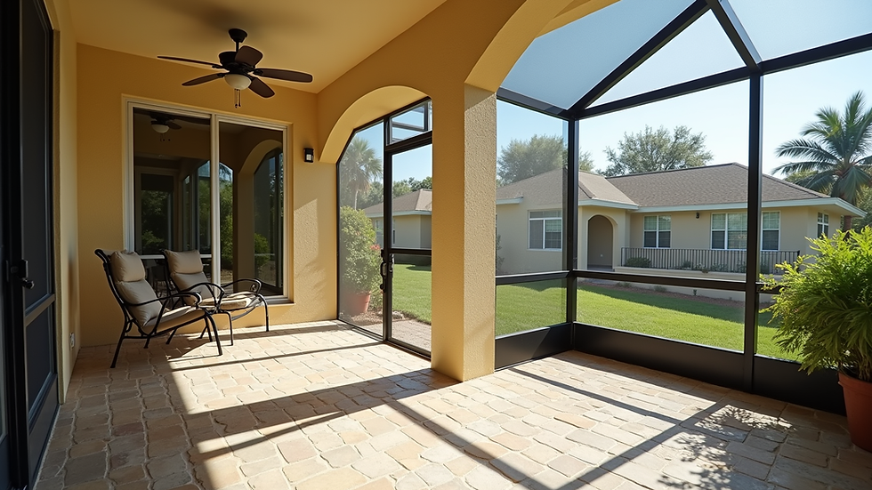 Eye-level view of a newly installed screen enclosure on a Florida home patio