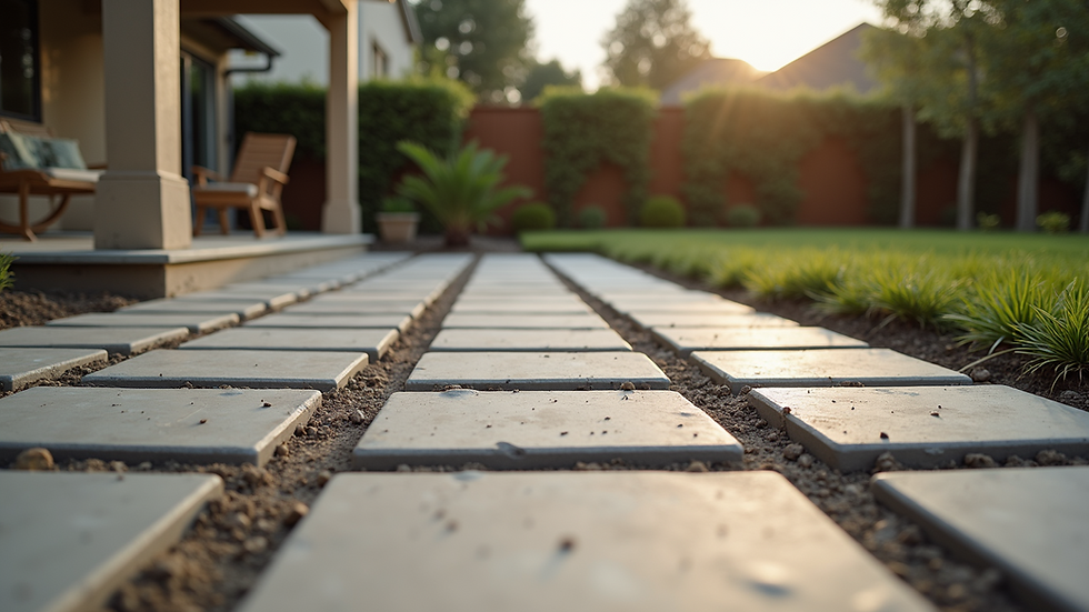 High angle view of a backyard patio under construction with stone pavers being laid