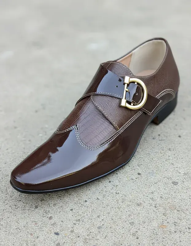 Miniatura: Sapato Social Masculino Maier Croco marrom e verniz marrom — Modelo 1312