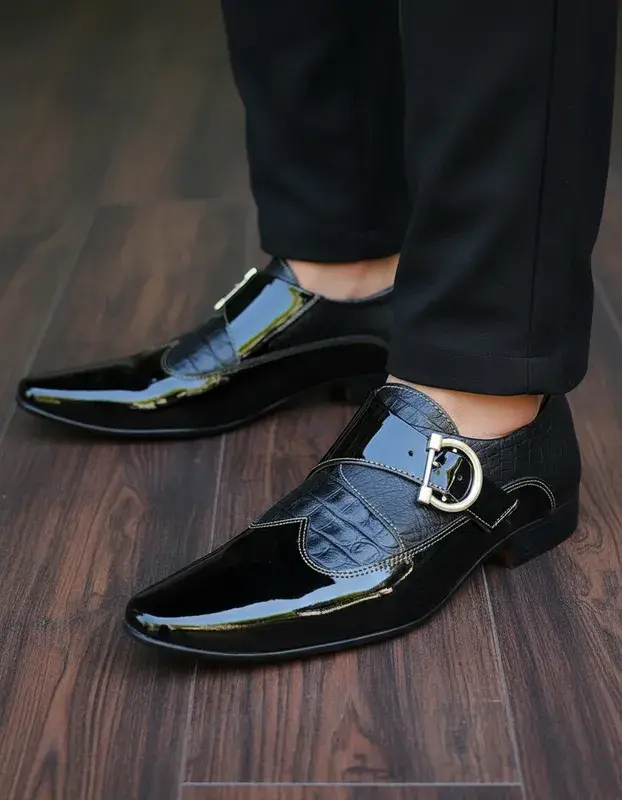 Thumbnail: Sapato Social Masculino Maier Croco cinza e verniz preto — Modelo 1309