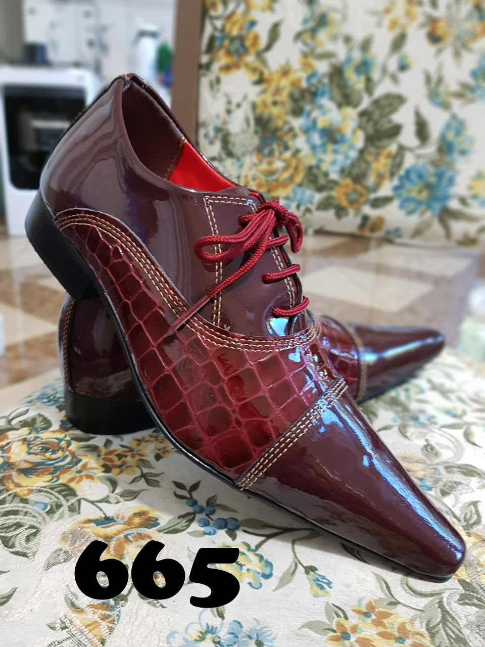 Miniatura: Sapato Social Masculino Maier Verniz vinho e croco vinho — Modelo 665