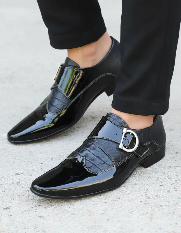 Thumbnail: Sapato Social Masculino Maier Croco cinza e verniz preto — Modelo 1309